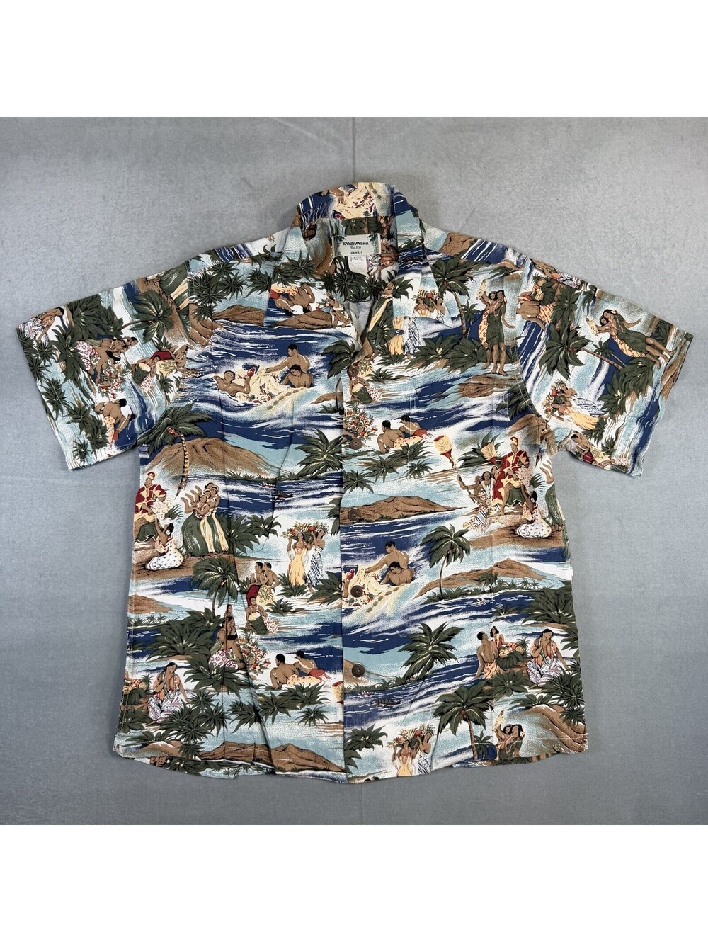 Vintage 80s Kamehameha Hawaiian Shirt Mens Large Loop Collar Polynesian Tribal